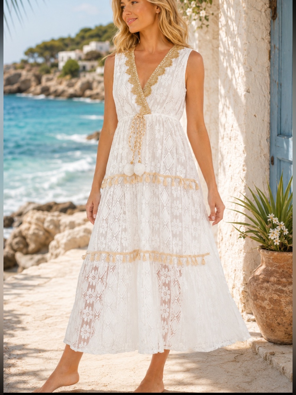 Boho womans White Lace Maxi Dress with Gold Trim size S-M-L